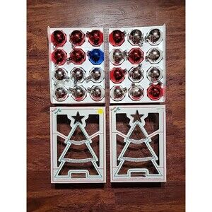 Holly Decorations Glass Set 24 Red Silver Blue Christmas Bulbs Ornament USA